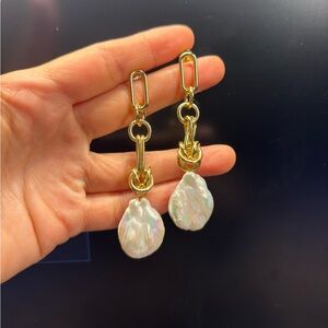 COS Gold Link Drop Earrings with Iridescent Baroque Pearls